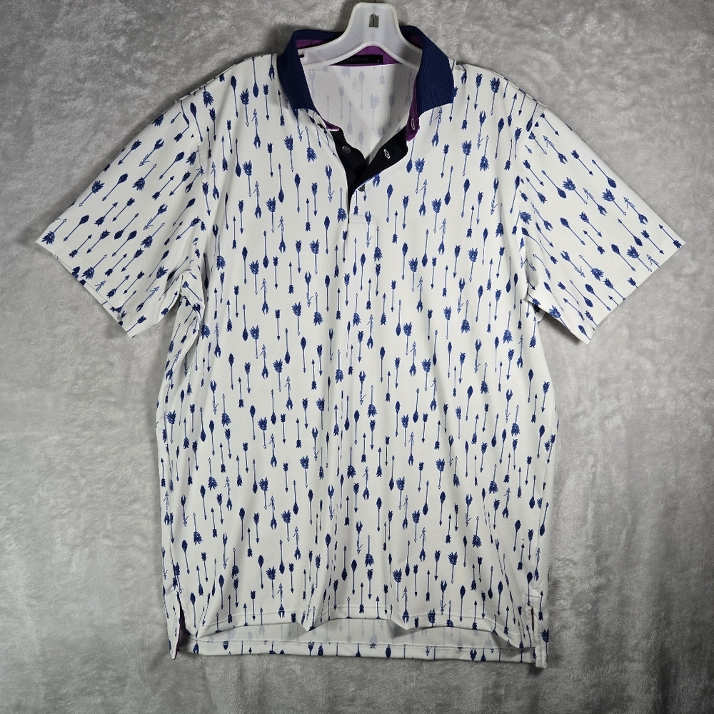 Greyson Golf Arctic Arrows Free Fly Size Large Polo Shirt Men White Performance